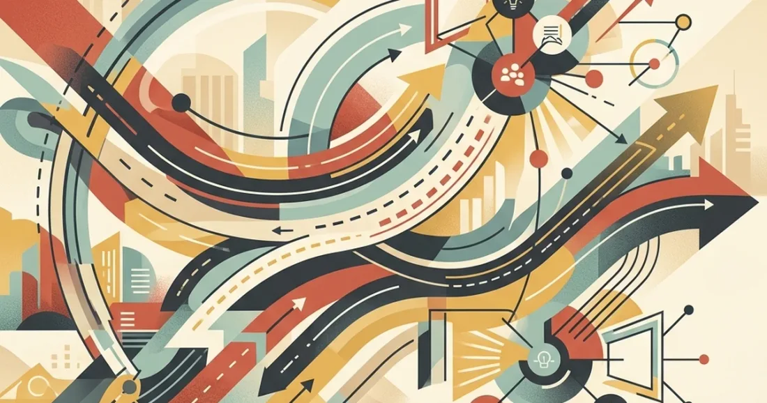 Dynamic path of travel, training, learning, and project icons moving forward together.