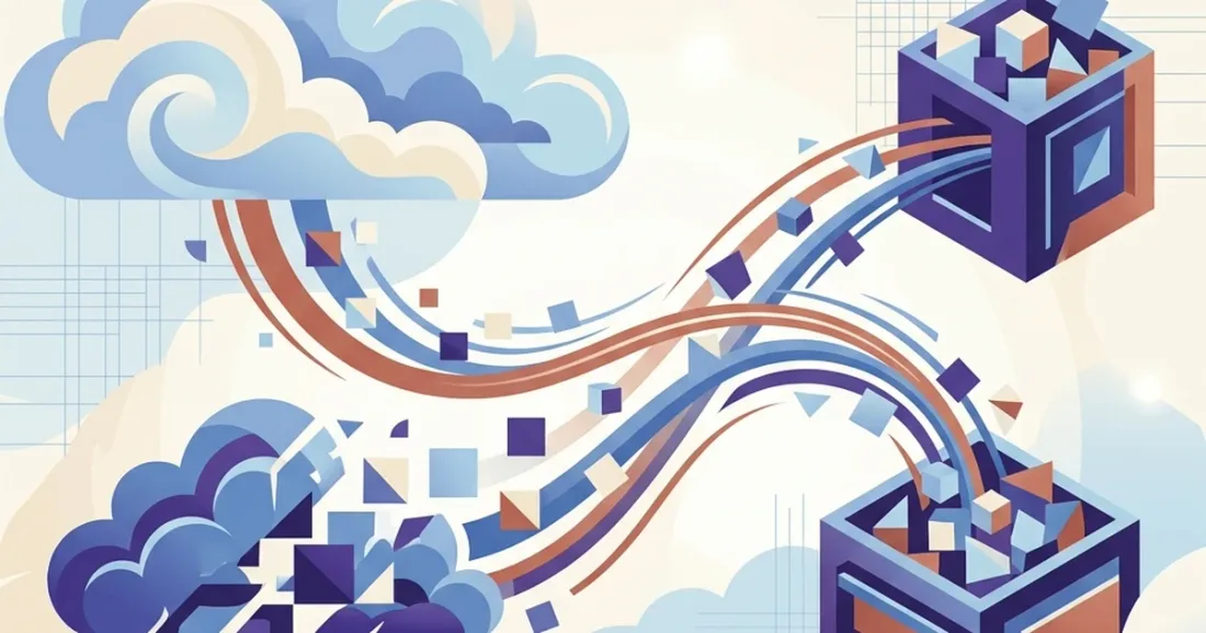 Abstract cloud storage migration scene with data blocks moving between safe storage containers.