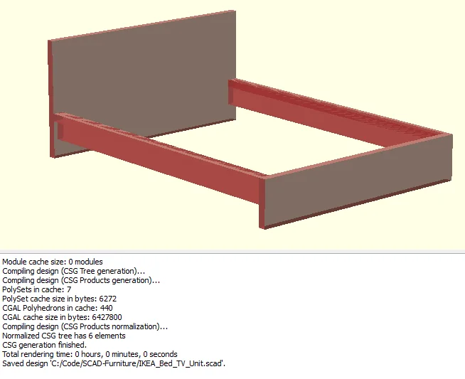 OpenSCAD render of a simple bed frame model built from pale wooden beams.