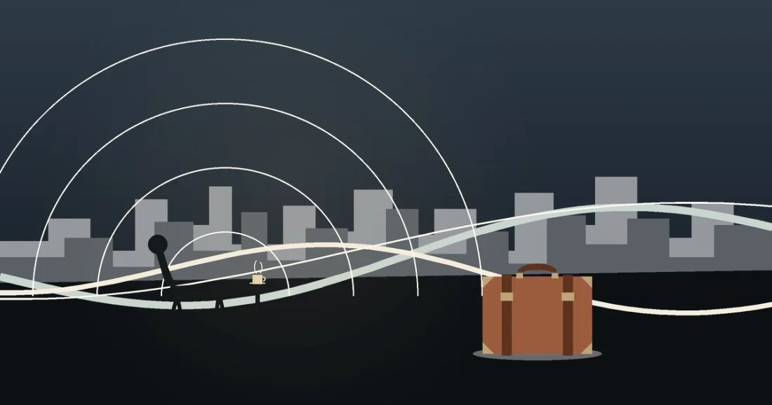 Reflective relocation scene with suitcase, map-like paths, muted Nordic colors, and an empty chair.